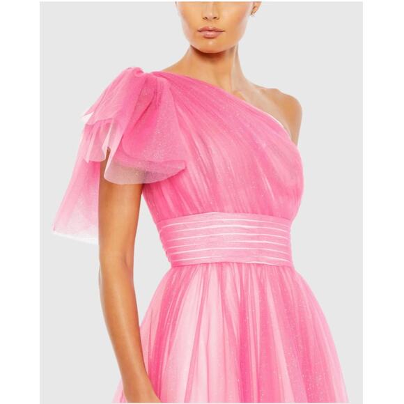 NWT MAC DUGGAL Pink Glitter Ombre Ruffled One Shoulder Ballgown - Picture 2 of 4